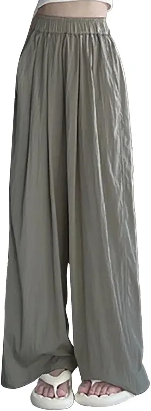 Womens Cotton Linen Palazzo Pants Elastic Waist Casual Wide Leg Trousers High Waist Wide Leg Straight