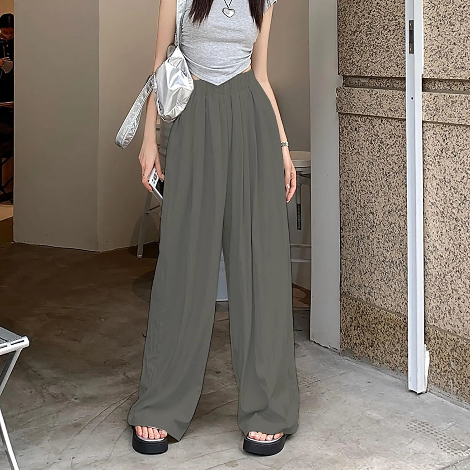 Womens Cotton Linen Palazzo Pants Elastic Waist Casual Wide Leg Trousers High Waist Wide Leg Straight