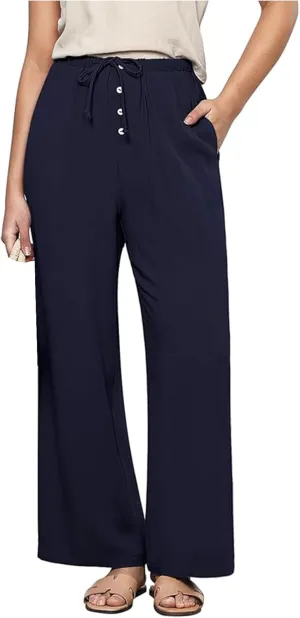 Women's Cotton Linen Pants High Waisted Adjustable Tie Knot Trousers Summer Casual Work Wide Leg Pants for Women