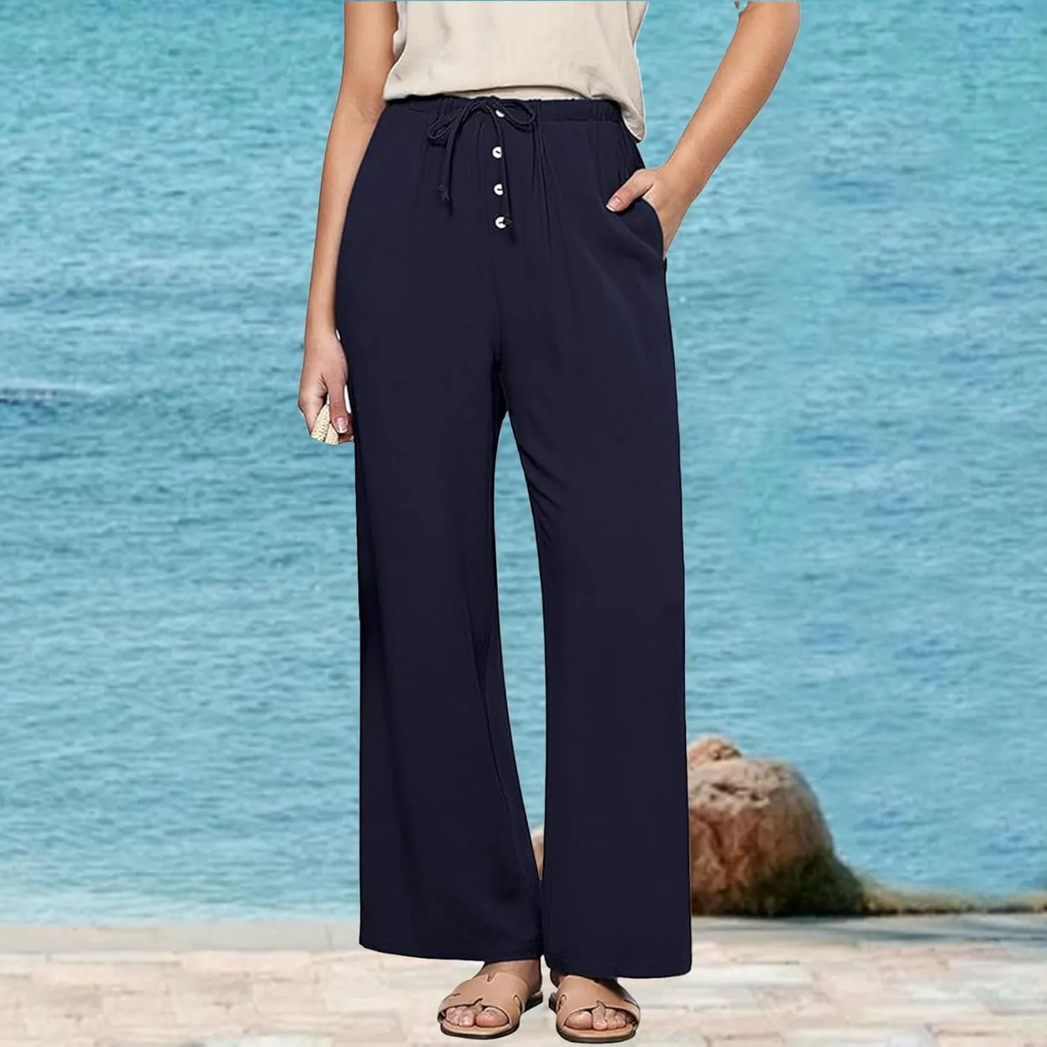 Women's Cotton Linen Pants High Waisted Adjustable Tie Knot Trousers Summer Casual Work Wide Leg Pants for Women