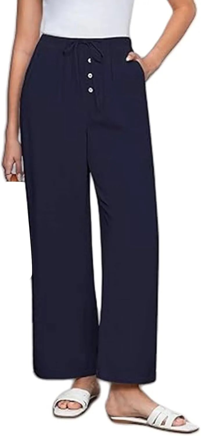 Women's Cotton Linen Pants High Waisted Adjustable Tie Knot Trousers Summer Casual Work Wide Leg Pants for Women