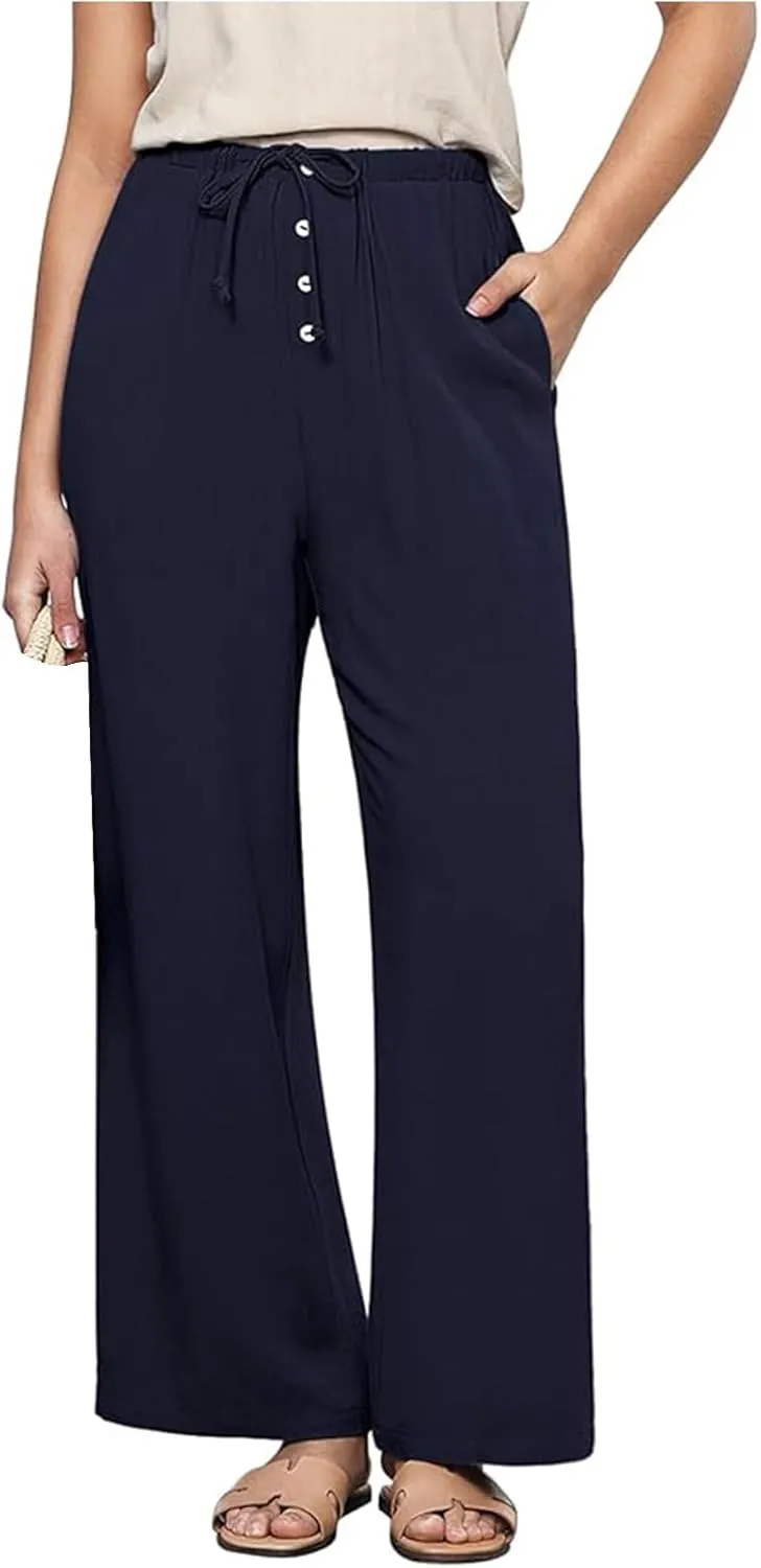 Women's Cotton Linen Pants High Waisted Adjustable Tie Knot Trousers Summer Casual Work Wide Leg Pants for Women