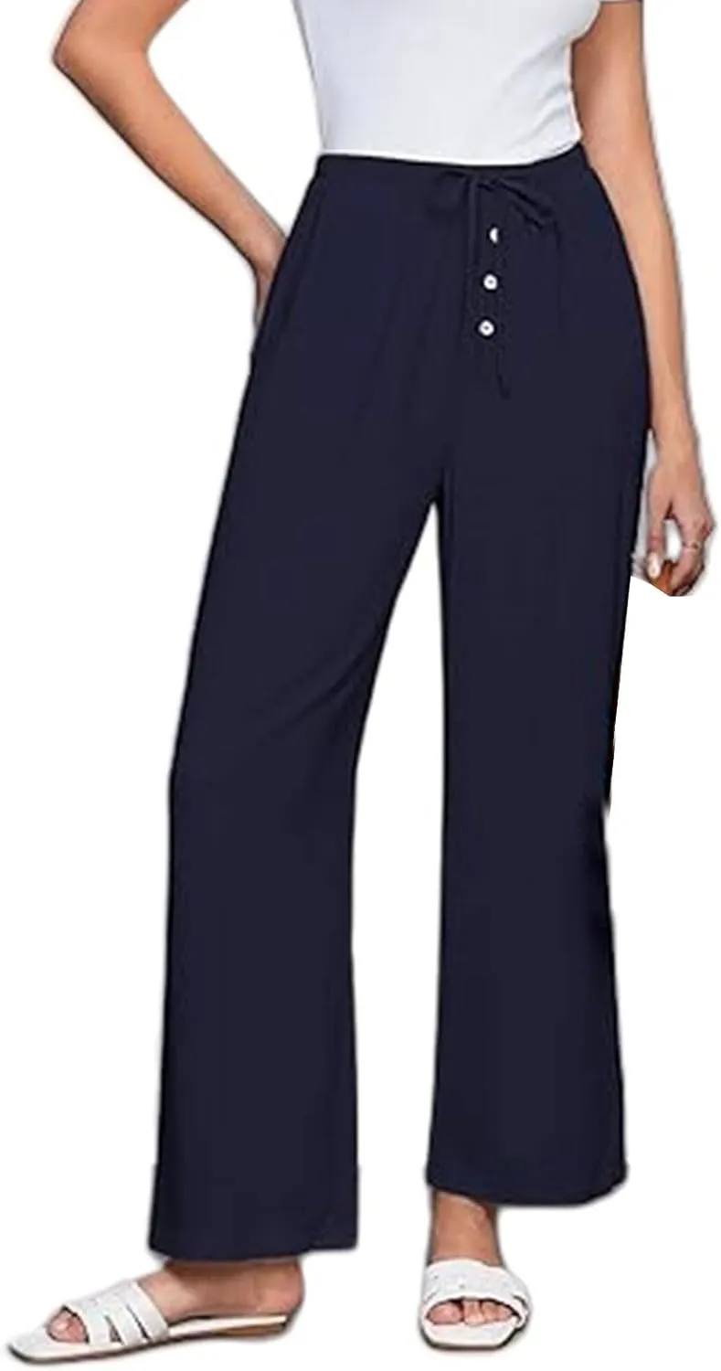 Women's Cotton Linen Pants High Waisted Adjustable Tie Knot Trousers Summer Casual Work Wide Leg Pants for Women