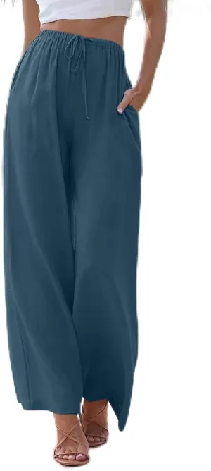 Women's Cotton Linen Pants Summer Casual Loose Drawstring High Waist Palazzo Wide Leg Capri Palazzo Loose Trousers