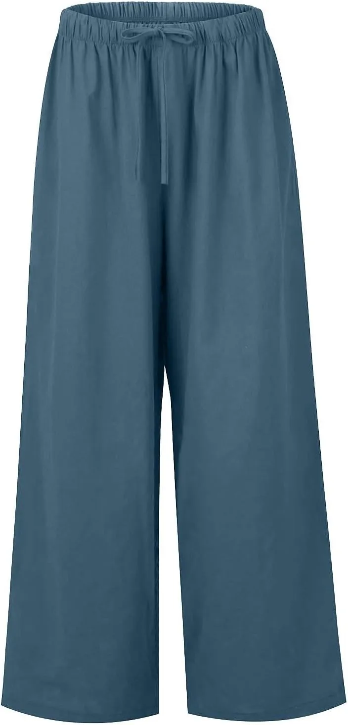Women's Cotton Linen Pants Summer Casual Loose Drawstring High Waist Palazzo Wide Leg Capri Palazzo Loose Trousers