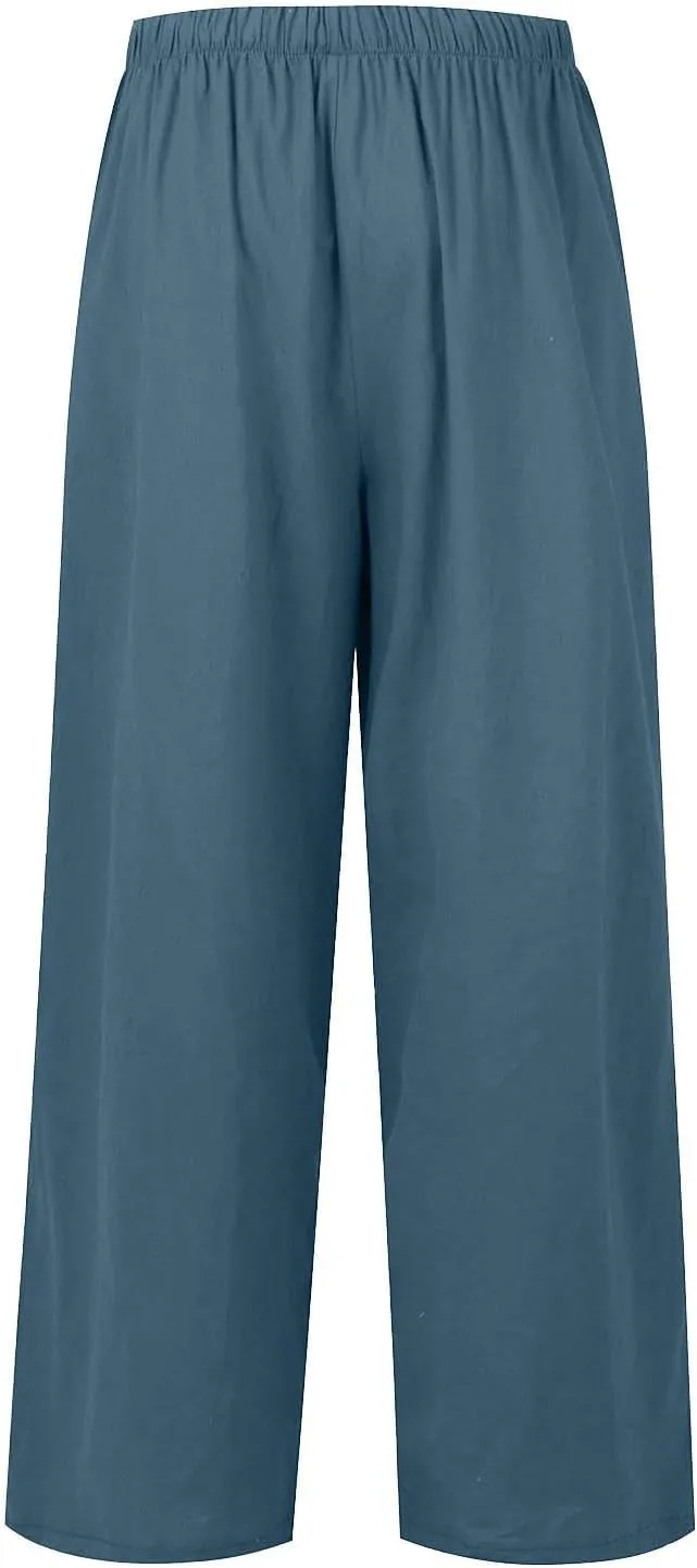 Women's Cotton Linen Pants Summer Casual Loose Drawstring High Waist Palazzo Wide Leg Capri Palazzo Loose Trousers