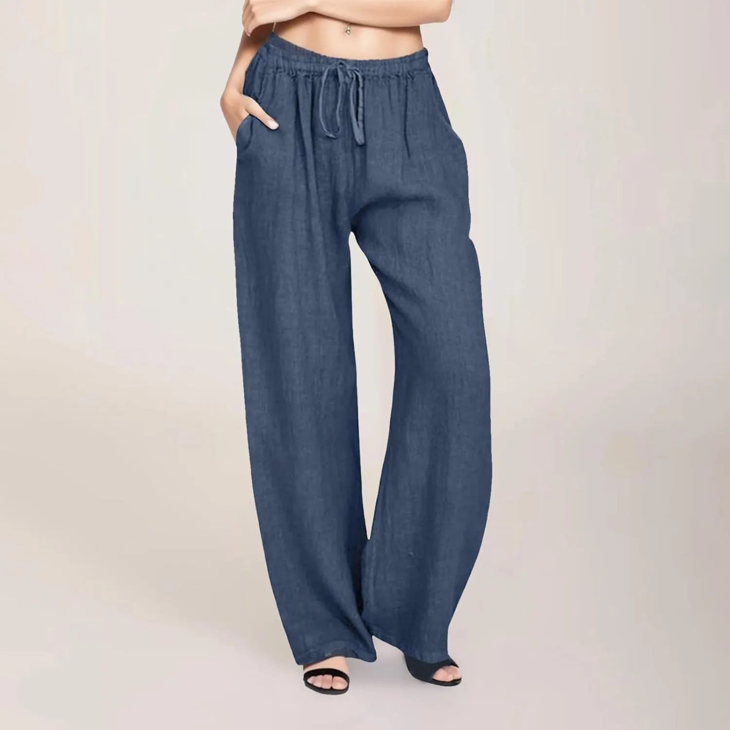 Womens Cotton Linen Pants Wide Leg Summer Casual Loose Drawstring High Waist Trousers Lightweight Palazzo Pants Pockets