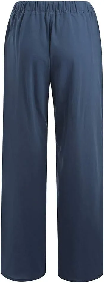 Womens Cotton Linen Pants Wide Leg Summer Casual Loose Drawstring High Waist Trousers Lightweight Palazzo Pants Pockets