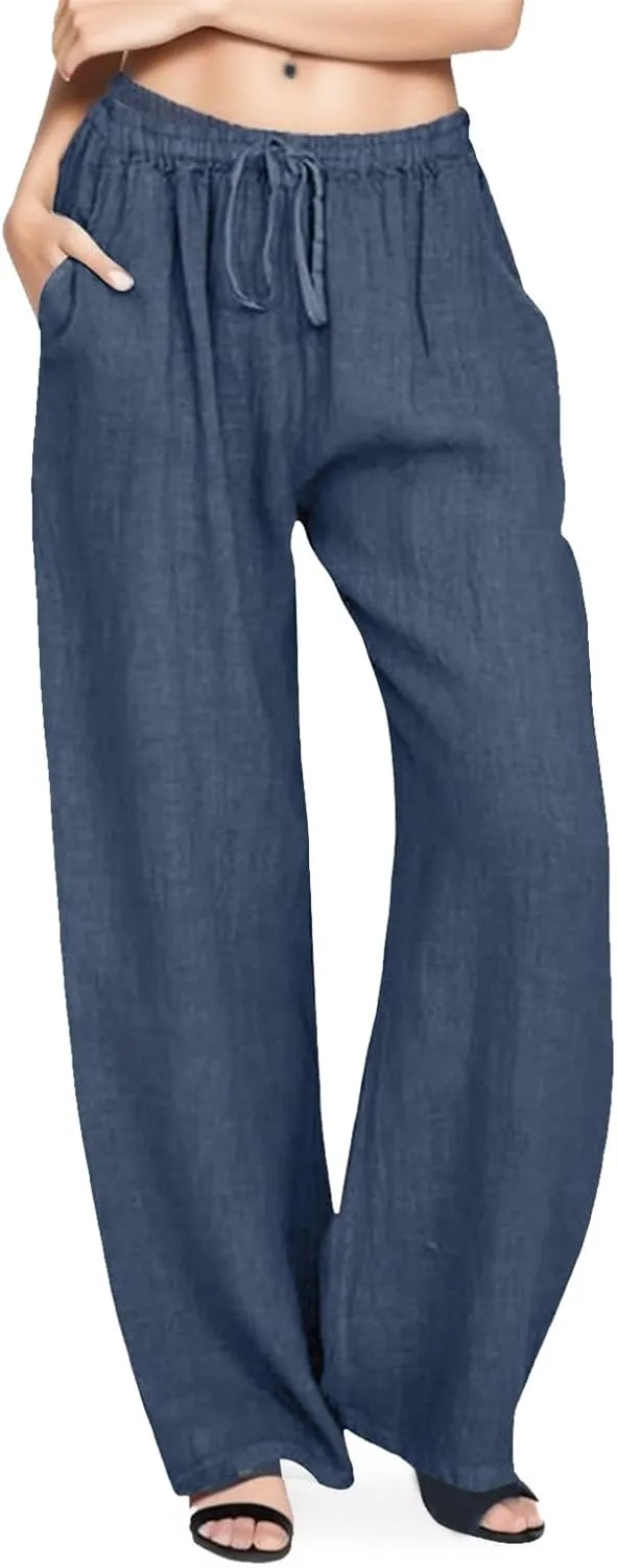 Womens Cotton Linen Pants Wide Leg Summer Casual Loose Drawstring High Waist Trousers Lightweight Palazzo Pants Pockets