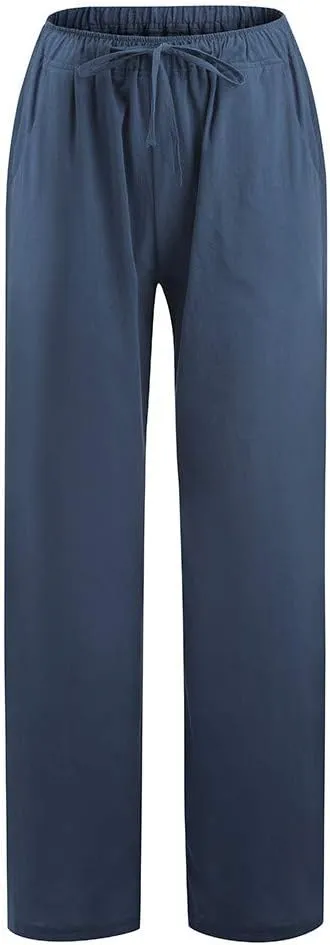 Womens Cotton Linen Pants Wide Leg Summer Casual Loose Drawstring High Waist Trousers Lightweight Palazzo Pants Pockets