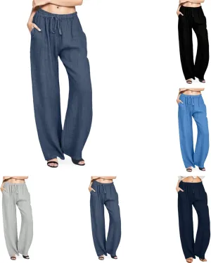 Womens Cotton Linen Pants Wide Leg Summer Casual Loose Drawstring High Waist Trousers Lightweight Palazzo Pants Pockets