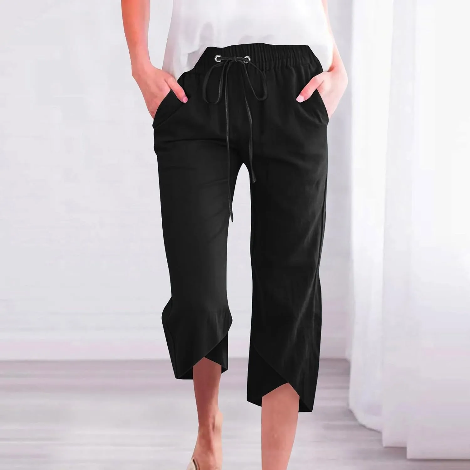 Women's Cotton Linen Straight Leg Pants Elastic Drawstring Casual Trousers with Pockets Summer Beach Lounge Pants