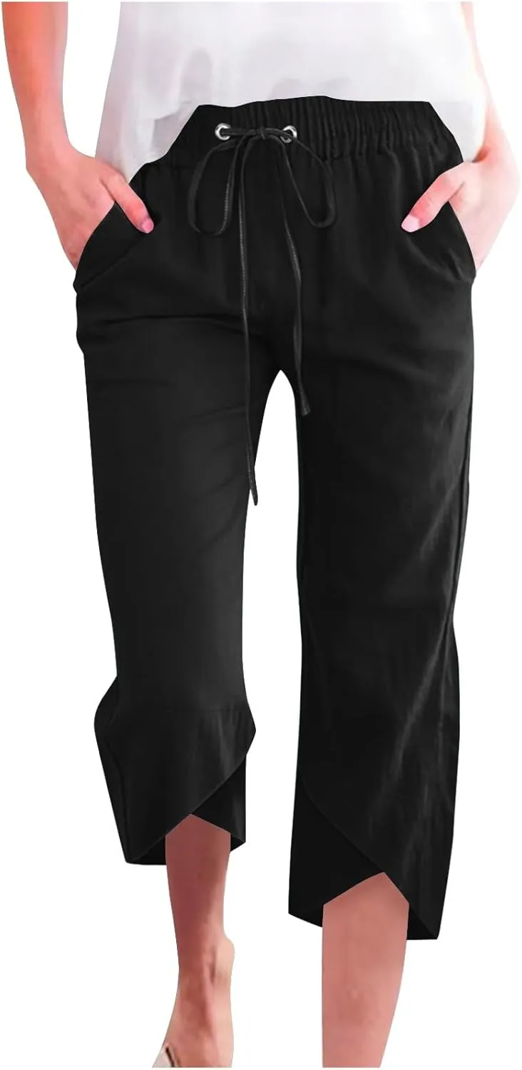 Women's Cotton Linen Straight Leg Pants Elastic Drawstring Casual Trousers with Pockets Summer Beach Lounge Pants