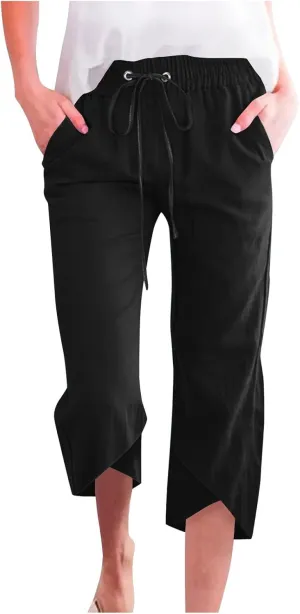 Women's Cotton Linen Straight Leg Pants Elastic Drawstring Casual Trousers with Pockets Summer Beach Lounge Pants