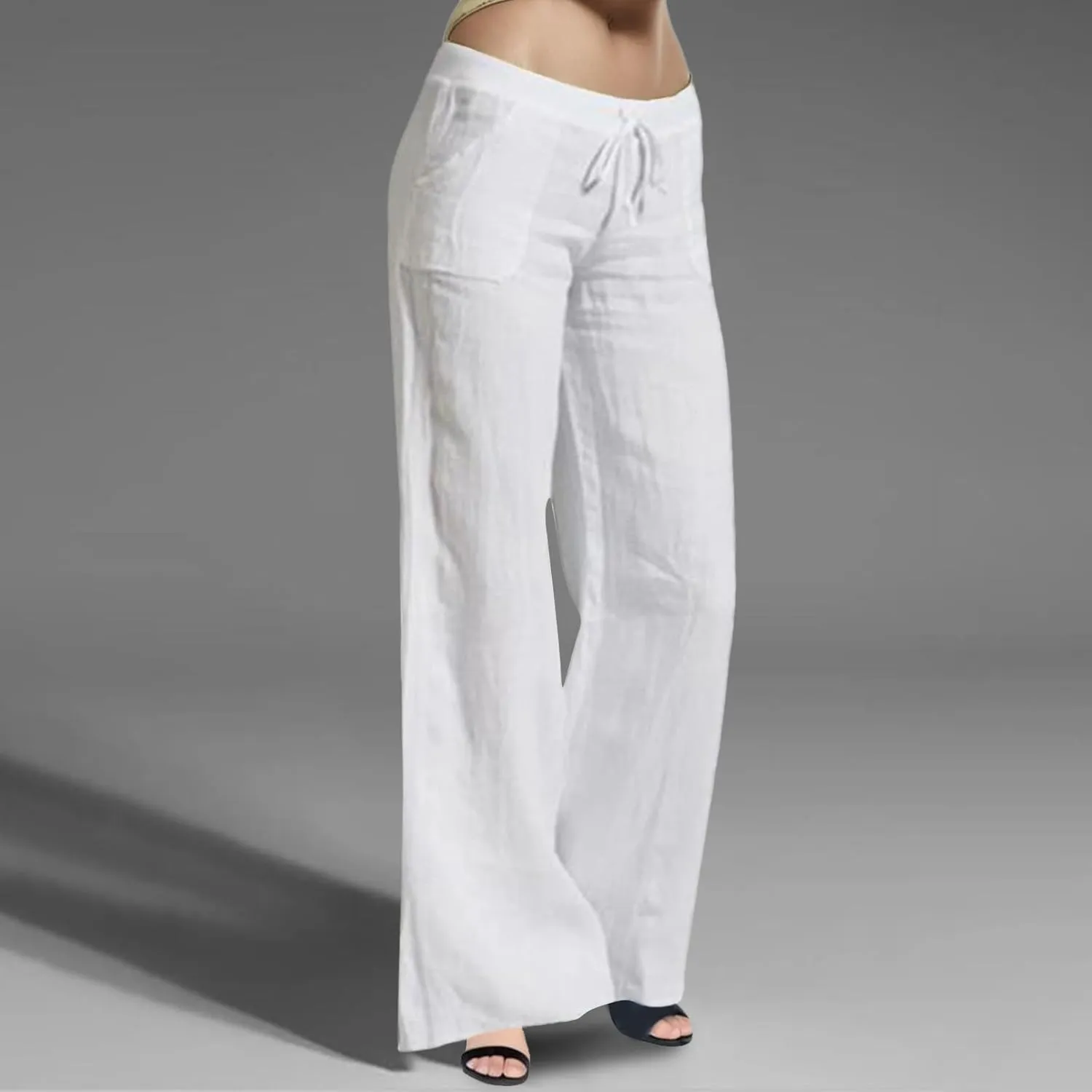 Womens Cotton Linen Summer Lightweigt Palazzo Pants High Waist Long Lounge Slim-Fit Pants Trendy