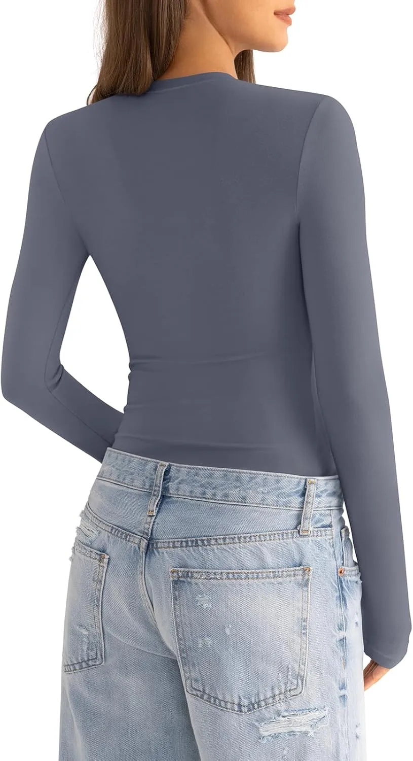 Womens Cotton Long Sleeve Shirts Crew Neck Slim Fit Basic Going Out Crop Outfits for Spring Fall 2025