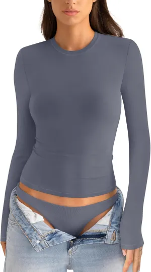 Womens Cotton Long Sleeve Shirts Crew Neck Slim Fit Basic Going Out Crop Outfits for Spring Fall 2025
