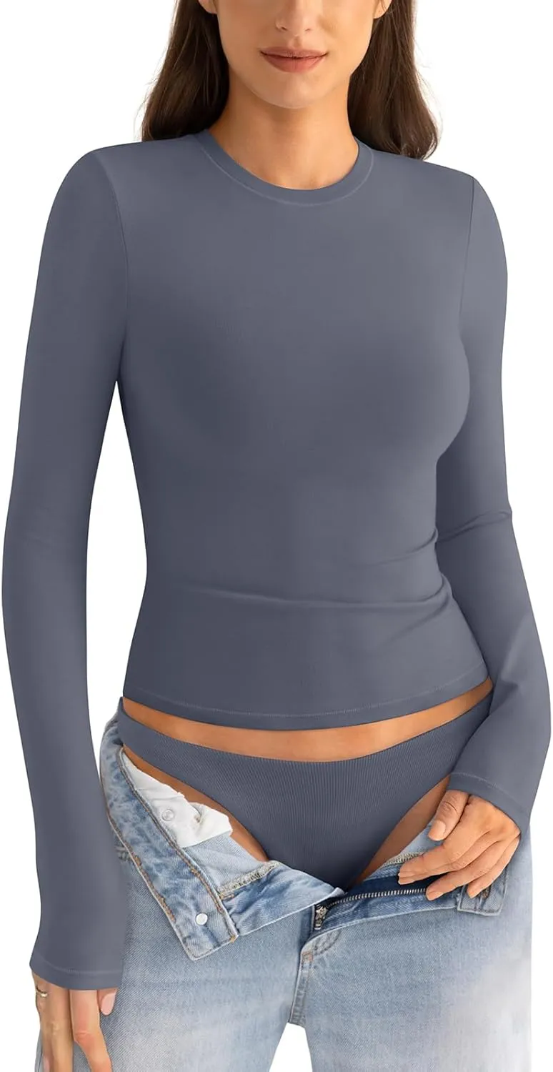 Womens Cotton Long Sleeve Shirts Crew Neck Slim Fit Basic Going Out Crop Outfits for Spring Fall 2025