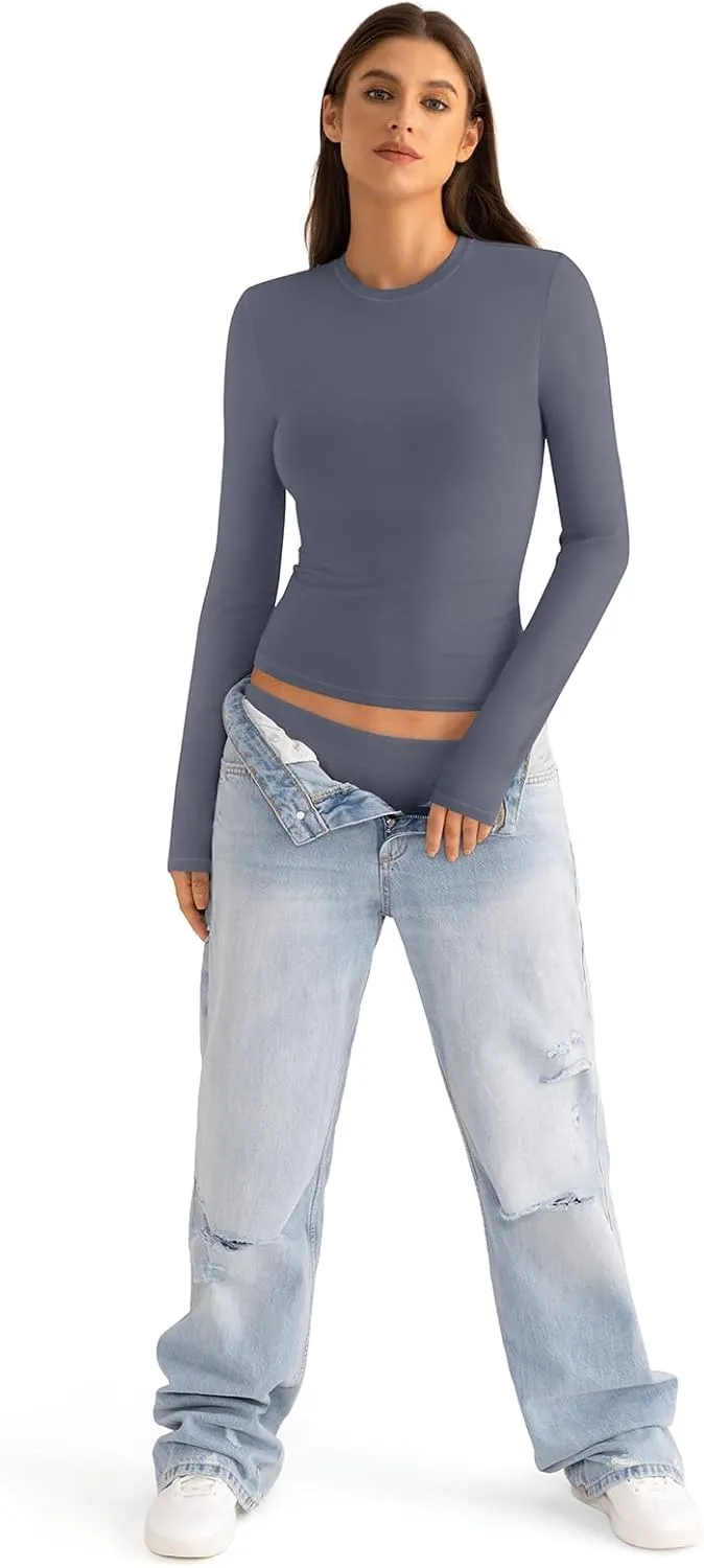 Womens Cotton Long Sleeve Shirts Crew Neck Slim Fit Basic Going Out Crop Outfits for Spring Fall 2025