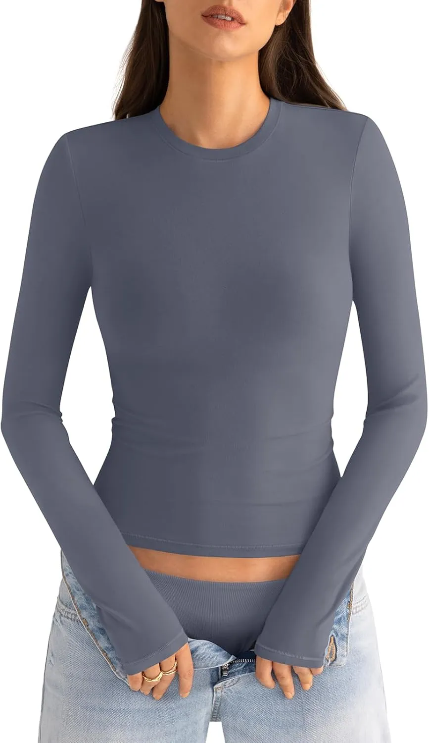 Womens Cotton Long Sleeve Shirts Crew Neck Slim Fit Basic Going Out Crop Outfits for Spring Fall 2025