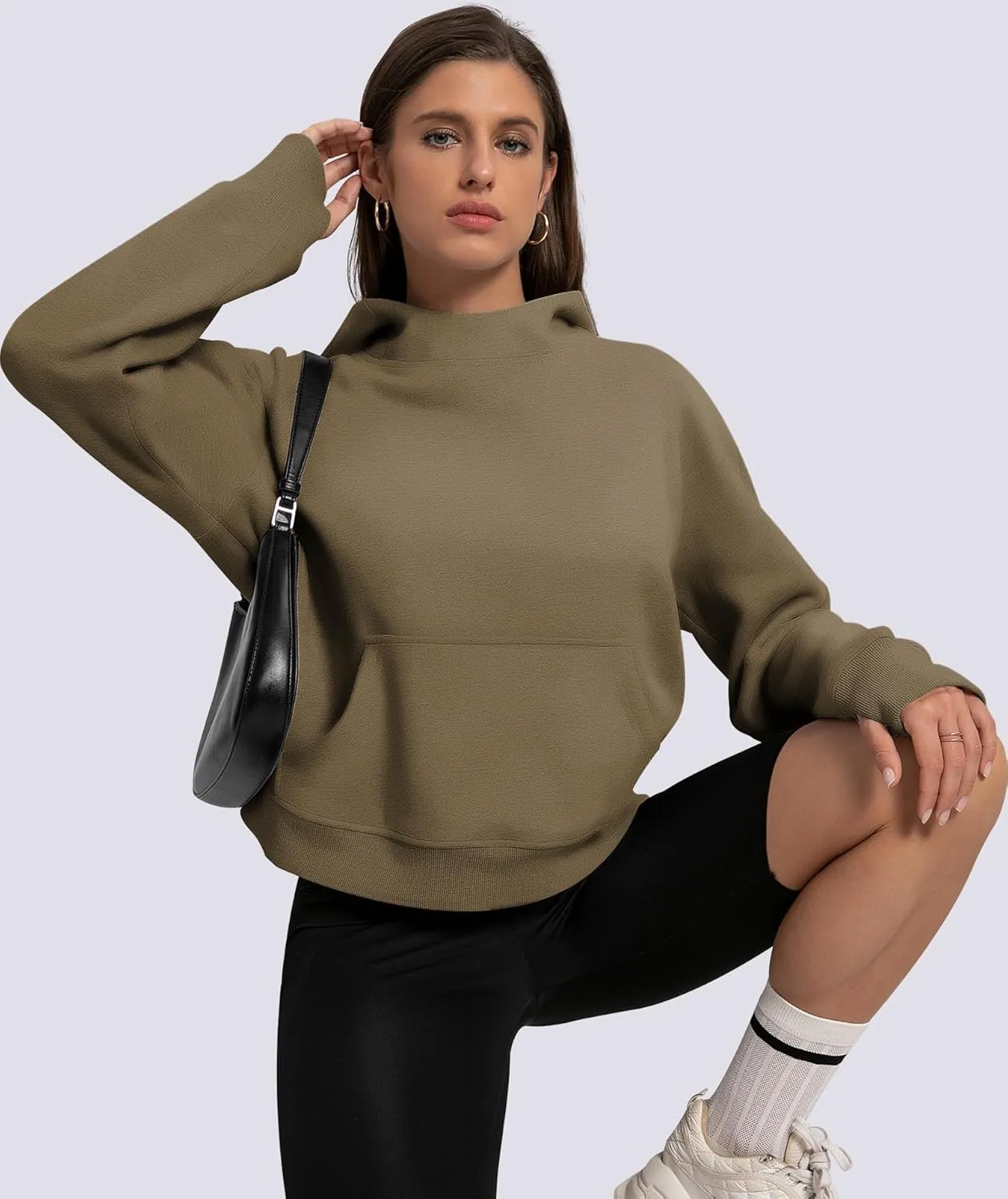 Womens Cropped Hoodies Mock Neck Sweatshirts Fall Fleece Lined Pullover with Thumb Hole 2024 Winter Clothes
