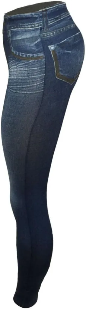 Women's Denim Print Fake Jeans Seamless Fleece Lined Leggings, Full Length