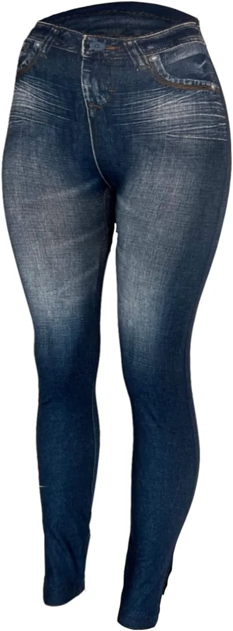 Women's Denim Print Fake Jeans Seamless Fleece Lined Leggings, Full Length