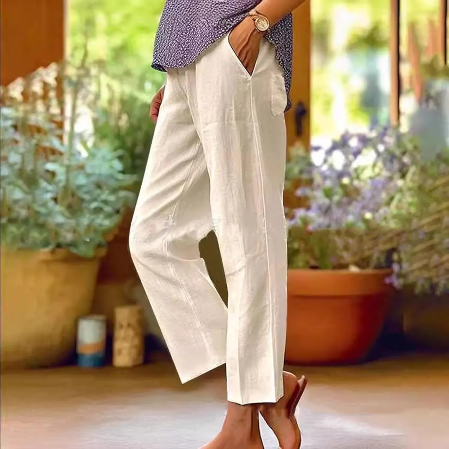 Womens Drawstring Casual Pant Cotton-Linen Loose Wide Leg Trousers Lightweight Summer Pants with Pockets