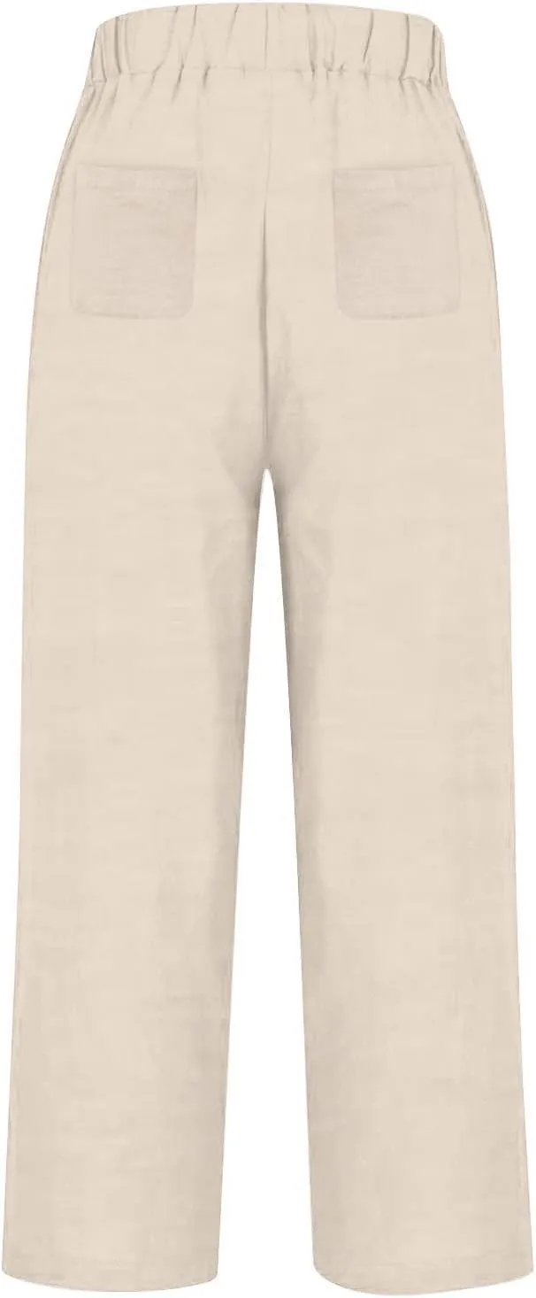 Womens Drawstring Casual Pant Cotton-Linen Loose Wide Leg Trousers Lightweight Summer Pants with Pockets
