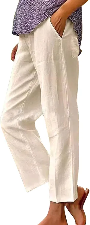 Womens Drawstring Casual Pant Cotton-Linen Loose Wide Leg Trousers Lightweight Summer Pants with Pockets