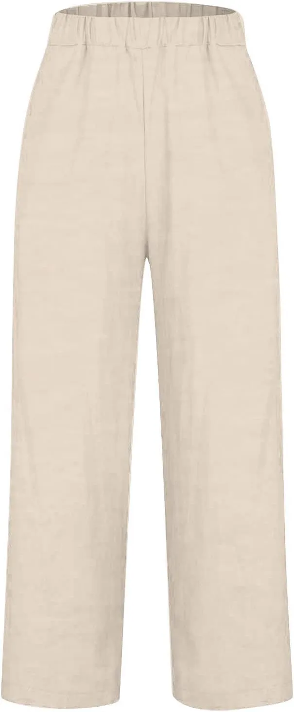 Womens Drawstring Casual Pant Cotton-Linen Loose Wide Leg Trousers Lightweight Summer Pants with Pockets