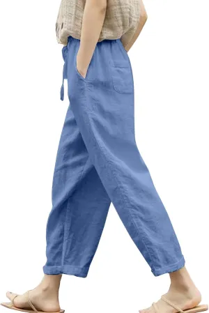 Womens Drawstring Waist Cotton Linen Pants Loose Casual Solid Color Trousers Summer Lightweight Pant with Pockets