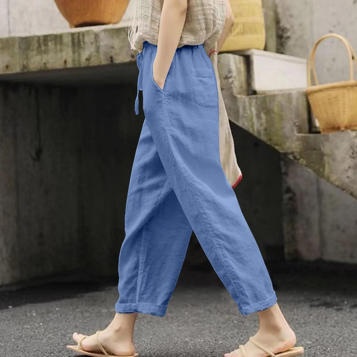 Womens Drawstring Waist Cotton Linen Pants Loose Casual Solid Color Trousers Summer Lightweight Pant with Pockets