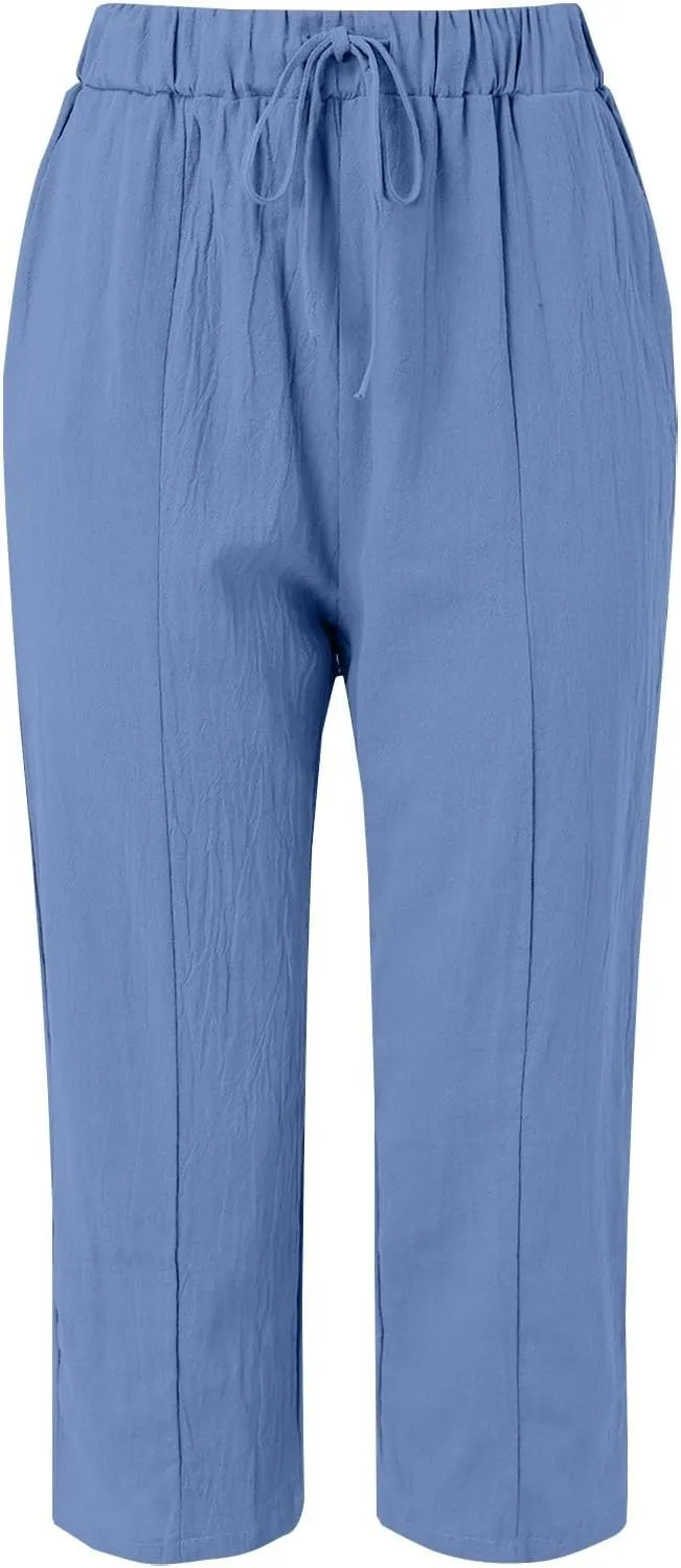 Womens Drawstring Waist Cotton Linen Pants Loose Casual Solid Color Trousers Summer Lightweight Pant with Pockets