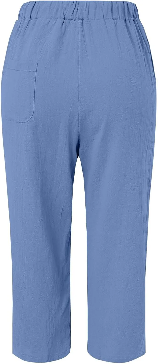 Womens Drawstring Waist Cotton Linen Pants Loose Casual Solid Color Trousers Summer Lightweight Pant with Pockets