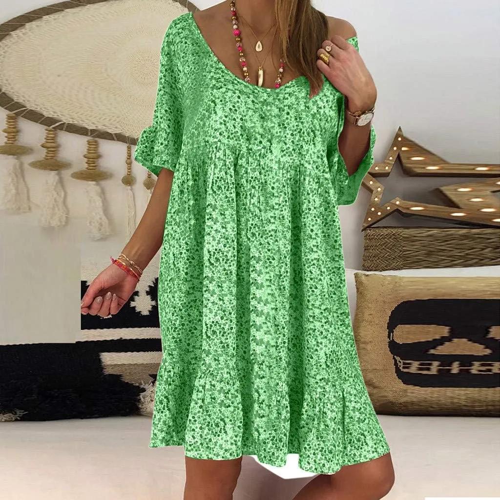 Womens Dresses Formal Occasion Women's Ladies Sexy Loose Print Hlaf Sleeve Ruffles Mini Dress Summer Dress