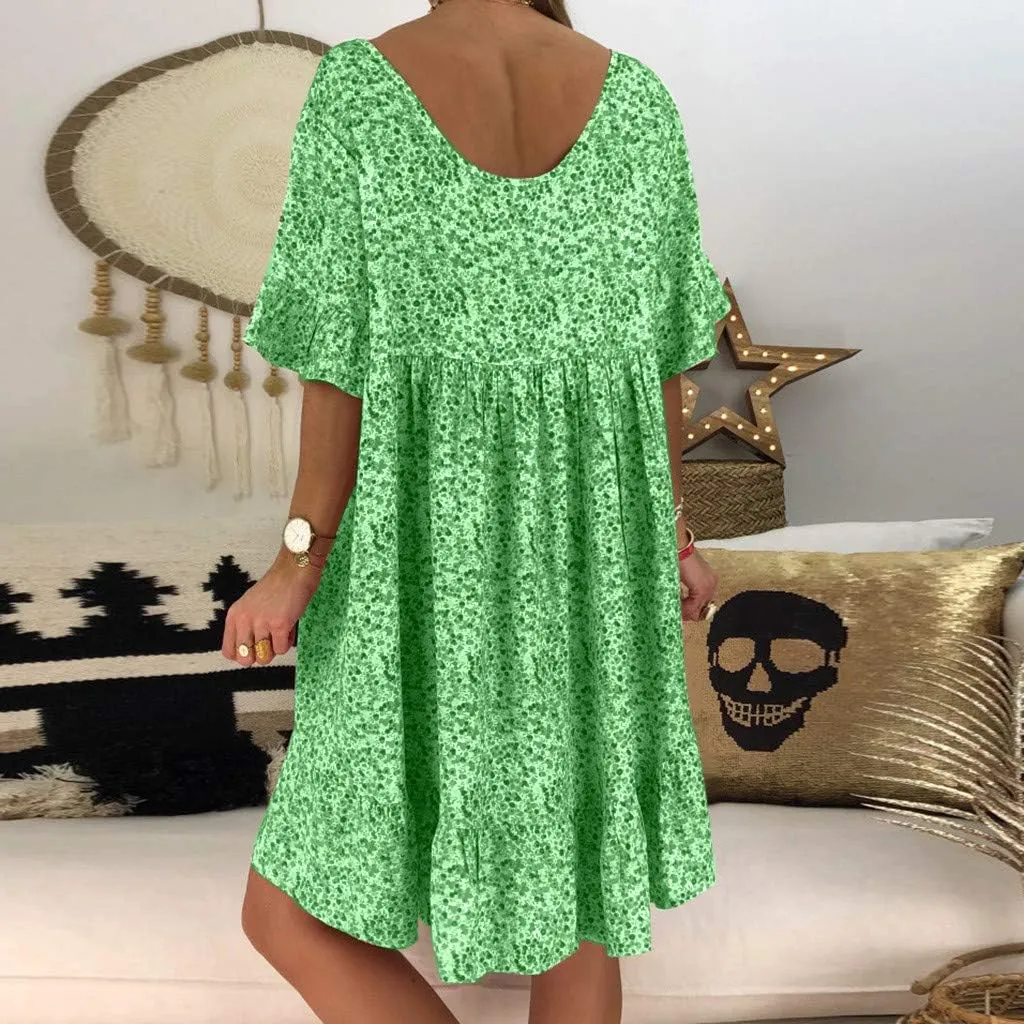 Womens Dresses Formal Occasion Women's Ladies Sexy Loose Print Hlaf Sleeve Ruffles Mini Dress Summer Dress