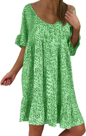 Womens Dresses Formal Occasion Women's Ladies Sexy Loose Print Hlaf Sleeve Ruffles Mini Dress Summer Dress