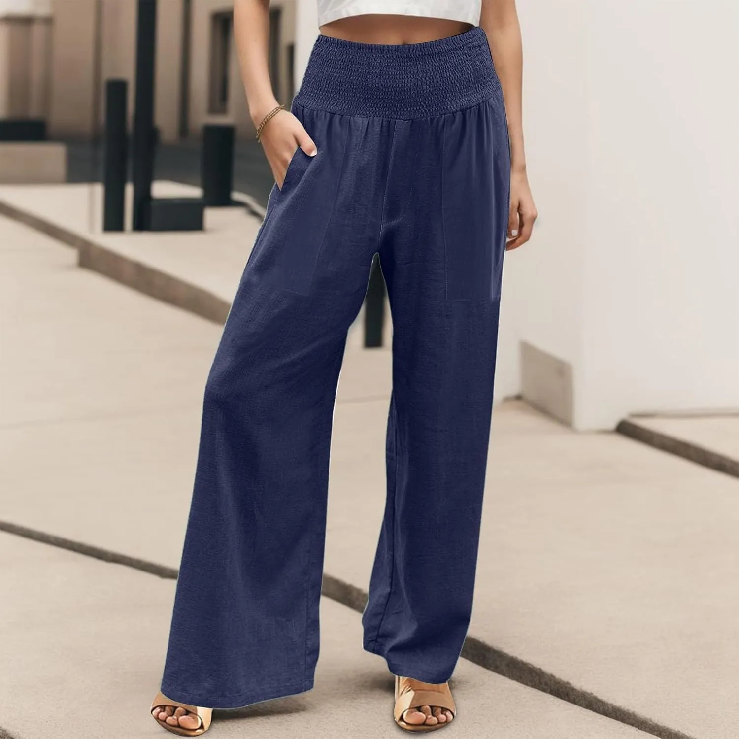 Womens Elastic High Waisted Palazzo Pants Casual Wide Leg Smock Lounge Pant Solid Beach Trousers with Pocket