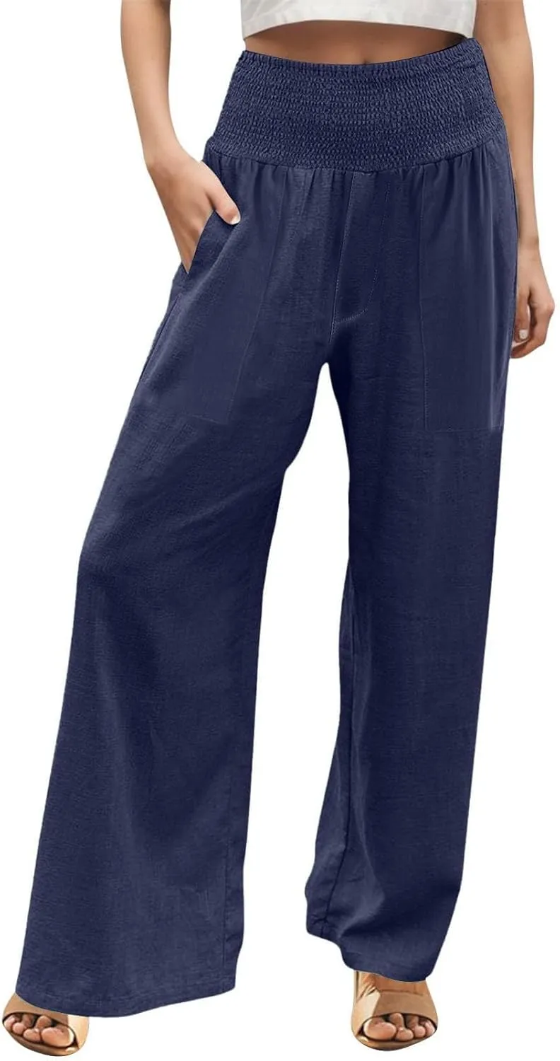 Womens Elastic High Waisted Palazzo Pants Casual Wide Leg Smock Lounge Pant Solid Beach Trousers with Pocket