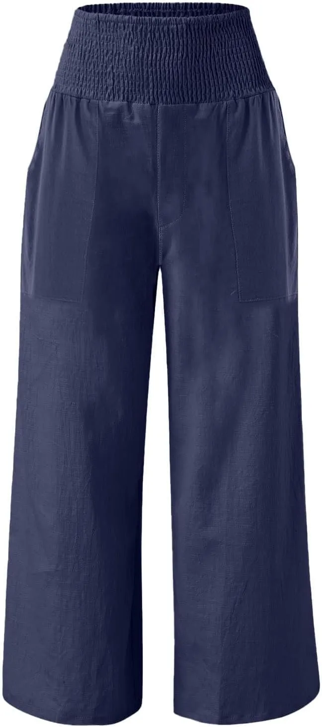 Womens Elastic High Waisted Palazzo Pants Casual Wide Leg Smock Lounge Pant Solid Beach Trousers with Pocket