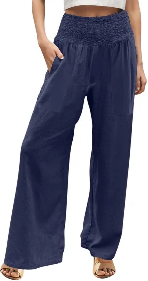 Womens Elastic High Waisted Palazzo Pants Casual Wide Leg Smock Lounge Pant Solid Beach Trousers with Pocket
