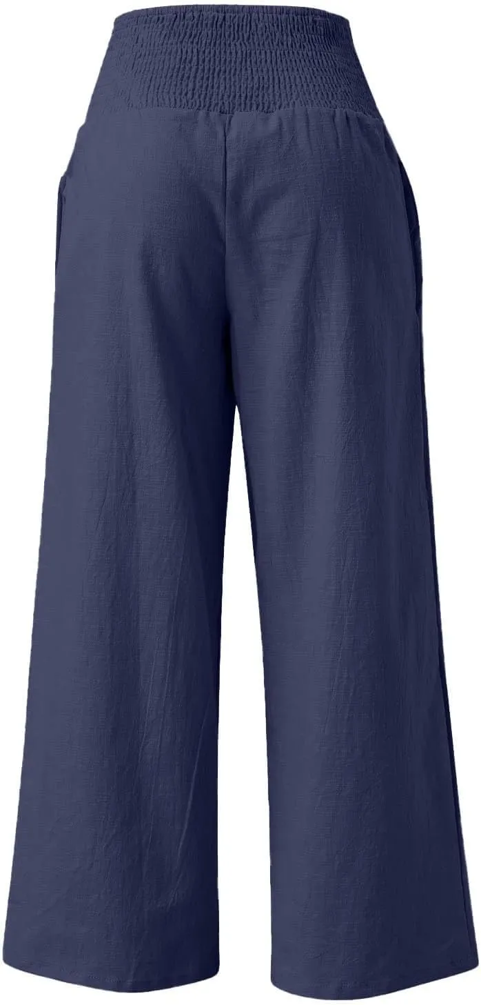 Womens Elastic High Waisted Palazzo Pants Casual Wide Leg Smock Lounge Pant Solid Beach Trousers with Pocket