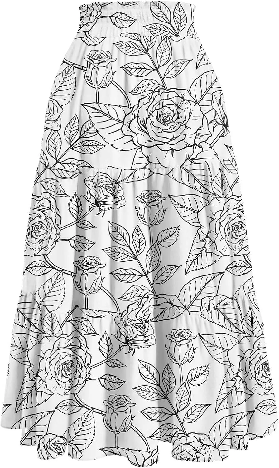 Women's High Elastic Waist Bohemian Midi Skirt - Pleated Ruffle A-Line Floral Skirt for Casual Wear