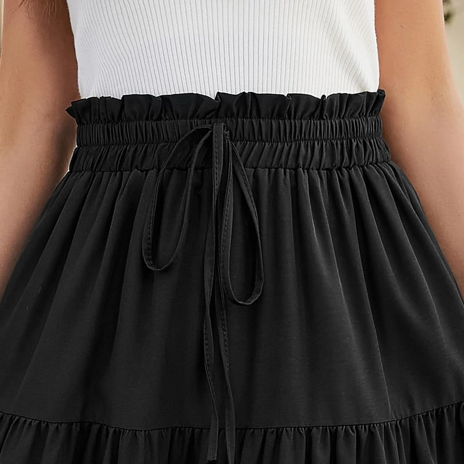Women's High Elastic Waist Bohemian Midi Skirt - Pleated Ruffle A-Line Skirt for Casual Wear
