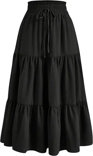 Women's High Elastic Waist Bohemian Midi Skirt - Pleated Ruffle A-Line Skirt for Casual Wear