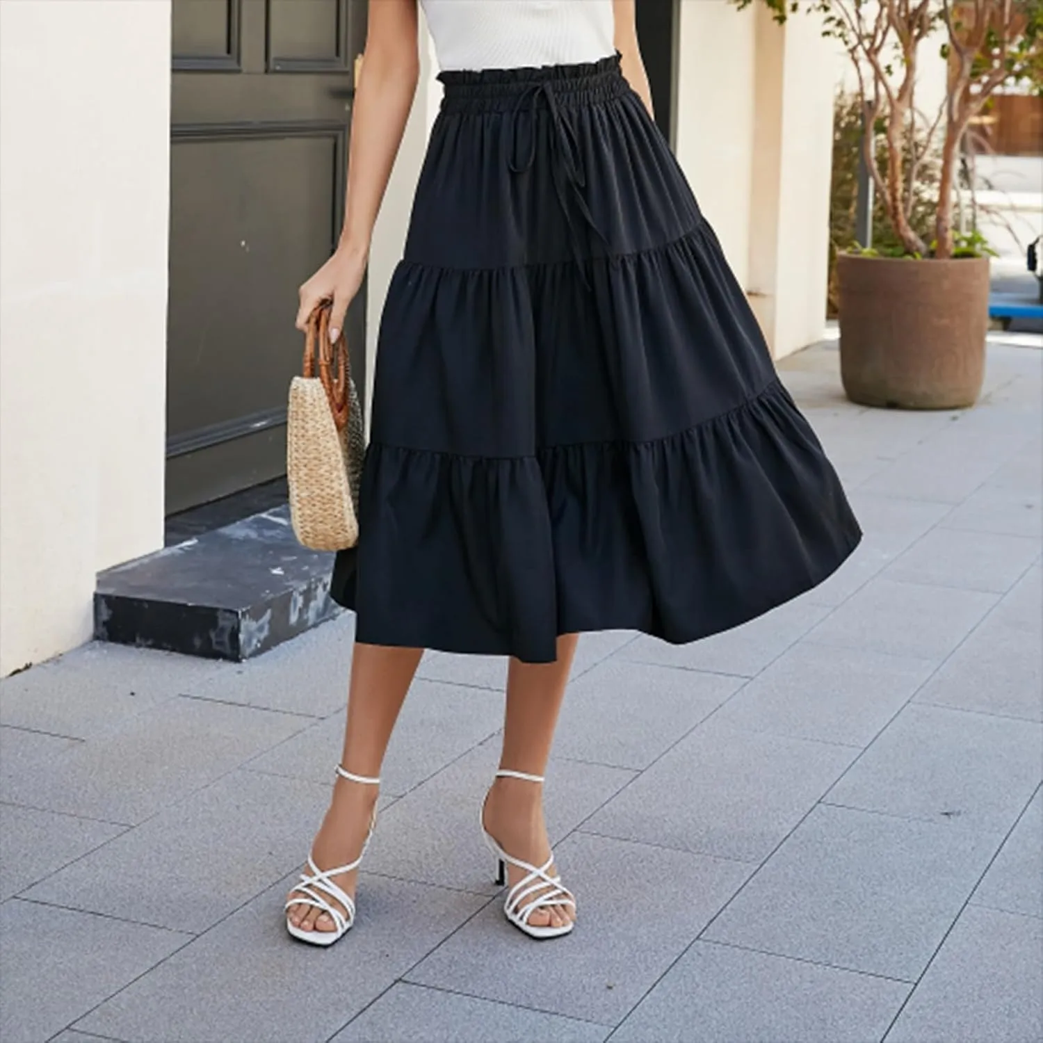 Women's High Elastic Waist Bohemian Midi Skirt - Pleated Ruffle A-Line Skirt for Casual Wear