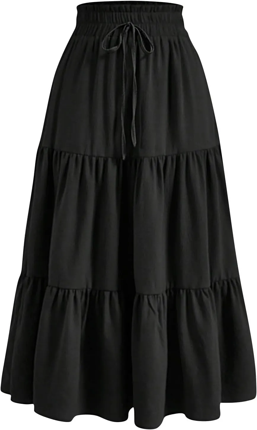 Women's High Elastic Waist Bohemian Midi Skirt - Pleated Ruffle A-Line Skirt for Casual Wear