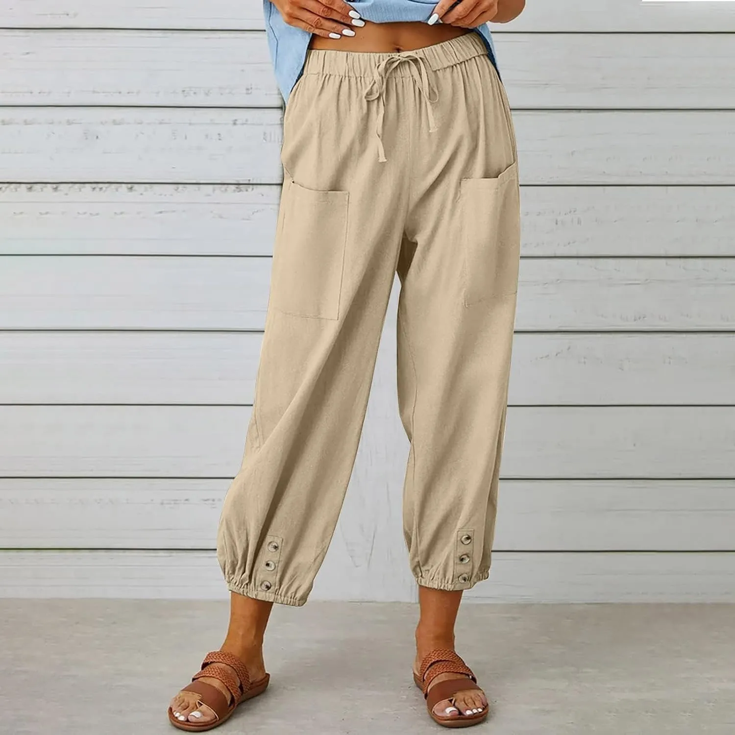 Women's High Waist Drawstring Cotton Linen Pants with 2 Pockets Straight Wide Leg Capri Cropped Trouser for Women