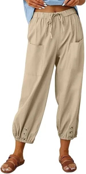Women's High Waist Drawstring Cotton Linen Pants with 2 Pockets Straight Wide Leg Capri Cropped Trouser for Women